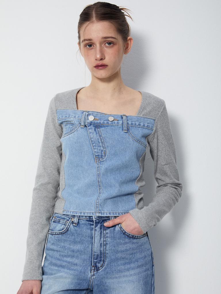 RENNESMIA Denim Patch Detail Top_Gray