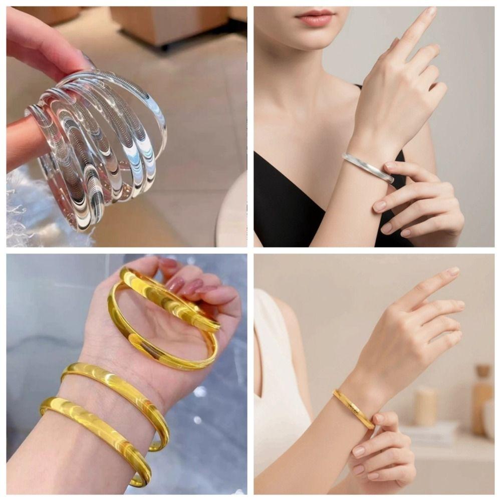 Waterproof Opening Brushed Bangle with Ripple Pattern Silver Wrist Circle Cat's Eye Bracelet Women