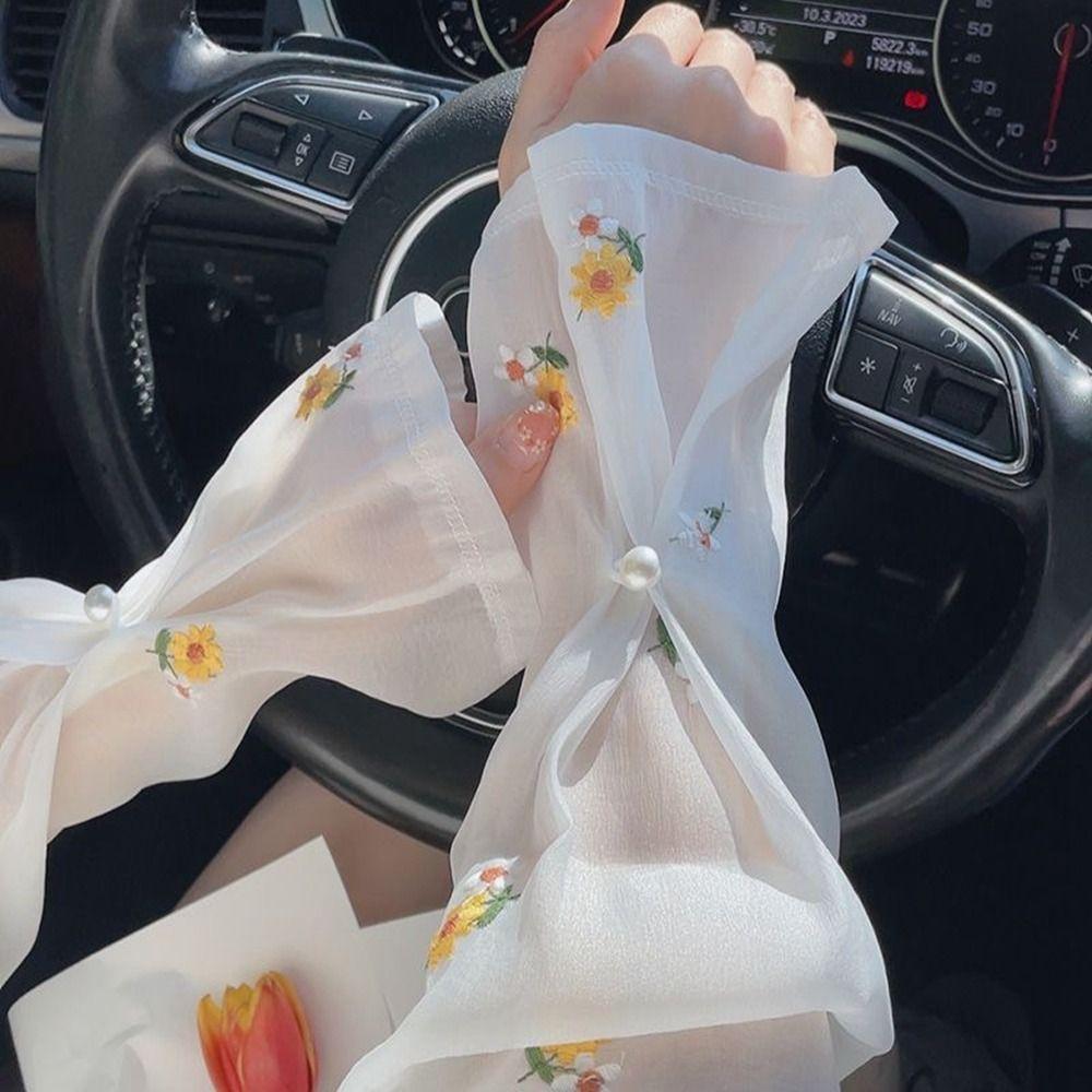 Anti-UV Stickerei Blume Eis Seide Ärmel Perlenverschluss Sonnenschutz Ärmel Atmungsaktiv Outdoor