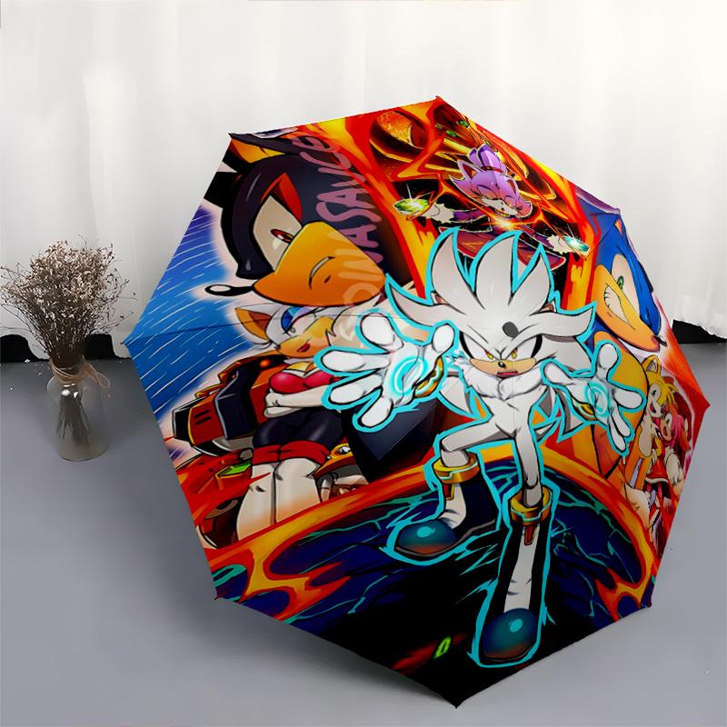 1pc The Ultimate Adventure Sonic Theme Pattern Beautiful Looking Automatic Folding Cartoon Practical Umbrella, 3 Folding, 8 Iron Frame Design, Durable