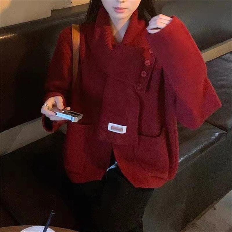 Шарф Съемный параграф Вязаный кардиган Женский Осенне-зимний дизайн Sense of Pure Desire Ветер свитер Пальто Удобный Универсальный и модный One size красный