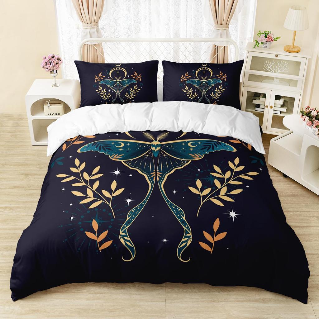 Gothic Moth Duvet Cover, Butterfly Bedding Set Full Queen Flower Weed Botanical Comforter Cover Psychedelic Galaxy Quilt Cover