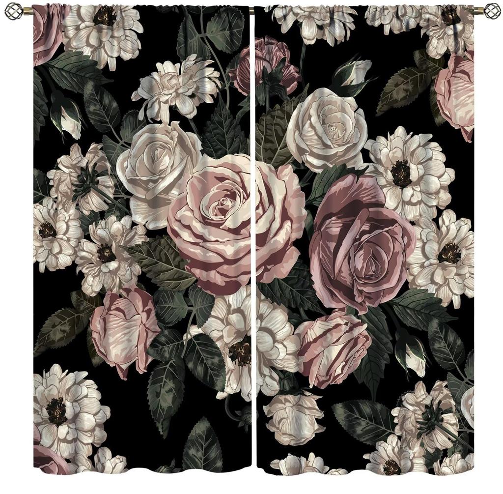 Boho Floral Curtain Flower Spring Wildflower Vintage Plant Bedroom Living Room Home Drapes Window Treatments Panel Curtains Polyester Area Decor