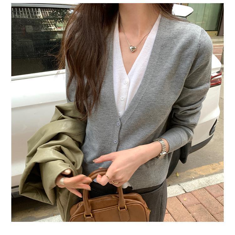 Wool Faux Two-Piece V-Neck Color Block Chic Knit Cardigan for Women - Autumn/Winter Lazy Style Short Sweater Coat