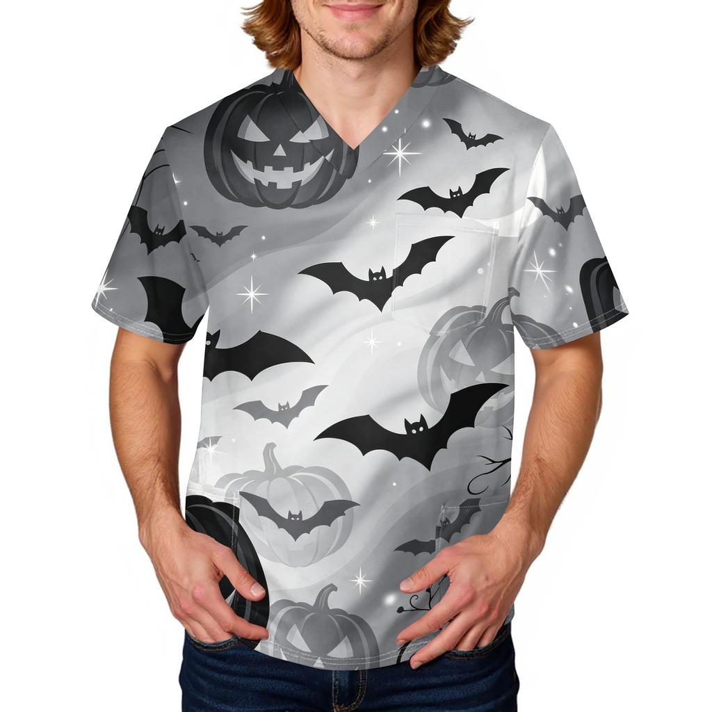 Herren Halloween Print Medizinische Kasack-Oberteil V-Ausschnitt mit Bindeband Taschen Bequeme Passform Tägliche Arbeitskleidung für medizinisches Fachpersonal