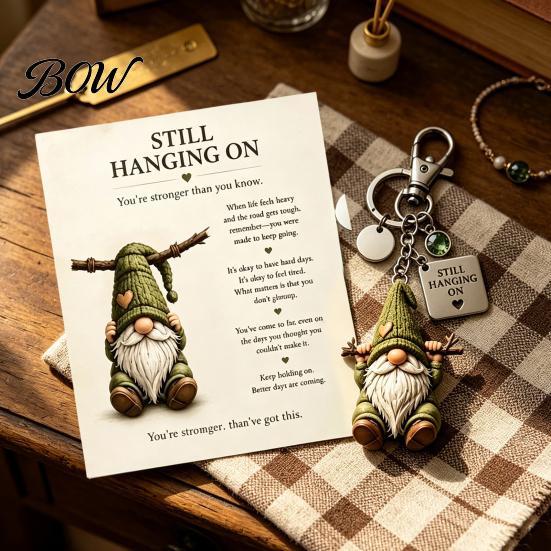 Gnome Keyring Keychain with Inspirational Card, Still Hanging On, Keep Growing, Fine Encouragement Your Path, Dwarf Key Ring for Bags Backpacks