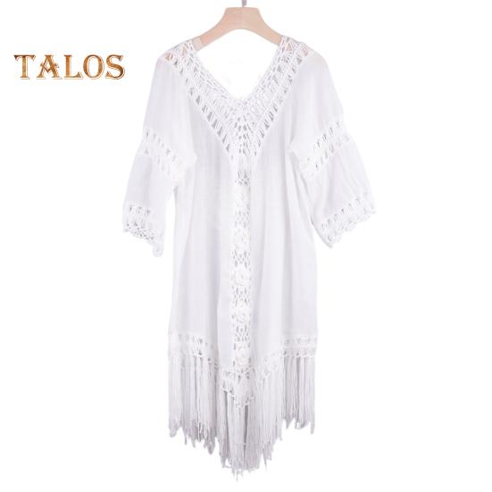 Women Beach Cover Up V-neck Half Sleeve Backless Design Cover Up Solid Color Loose Fit Hollow Crochet Tassel Anti-UV Vacation Dress