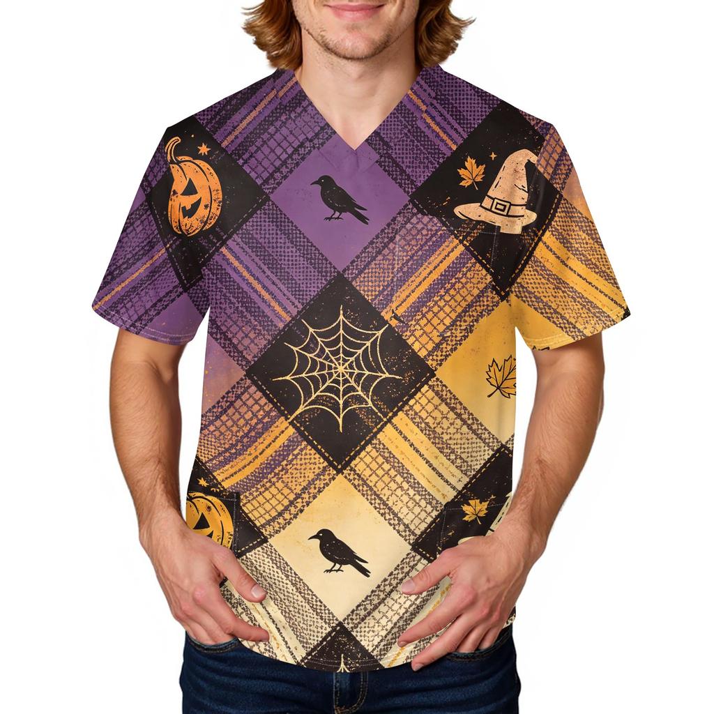 Herren Halloween Print Medizinische Kasack-Oberteil V-Ausschnitt mit Bindeband Taschen Bequeme Passform Tägliche Arbeitskleidung für medizinisches Fachpersonal
