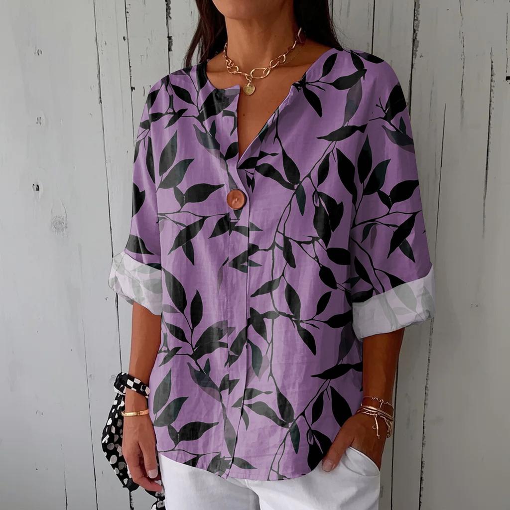 Women's Fashionable Casual V-neck Button Seven Quarter Sleeve Printed Cotton And Linen Top