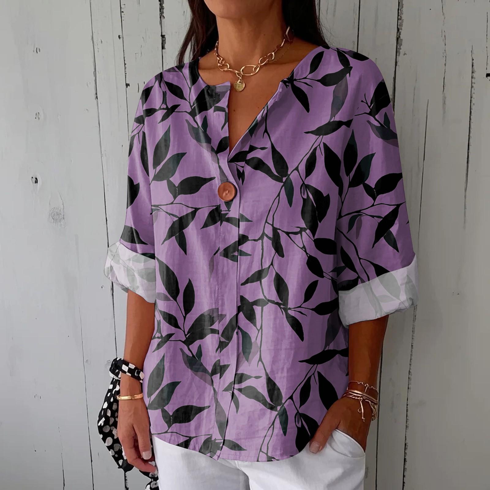

Женская модная повседневная блузка с V-образным вырезом на пуговицах и рукавом семь четвертей, с принтом, из хлопка и льна XL фиолетовый