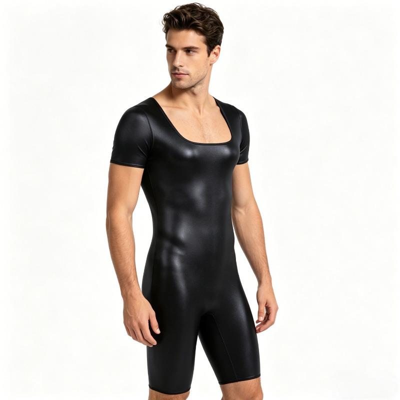 Men High Elasticity Plus Size Short Sleeve Shaping Seamless Glossy Tight Sexy Bodysuit