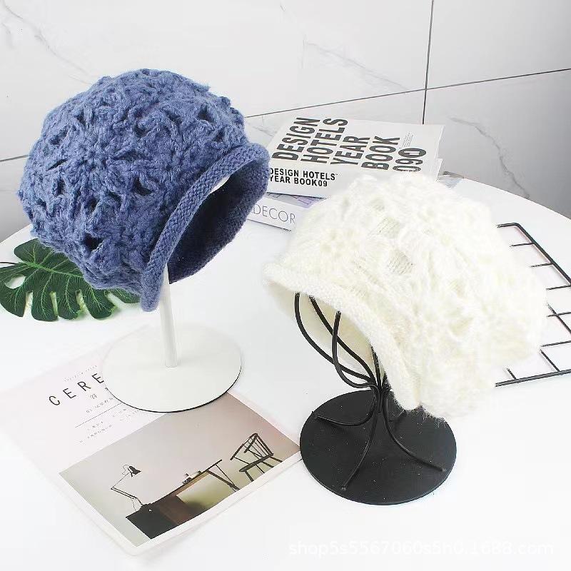 New Double Hat Ladies Knitted Hook Hollow Pattern Breathable Knitted Hat Wool Stacking Hat