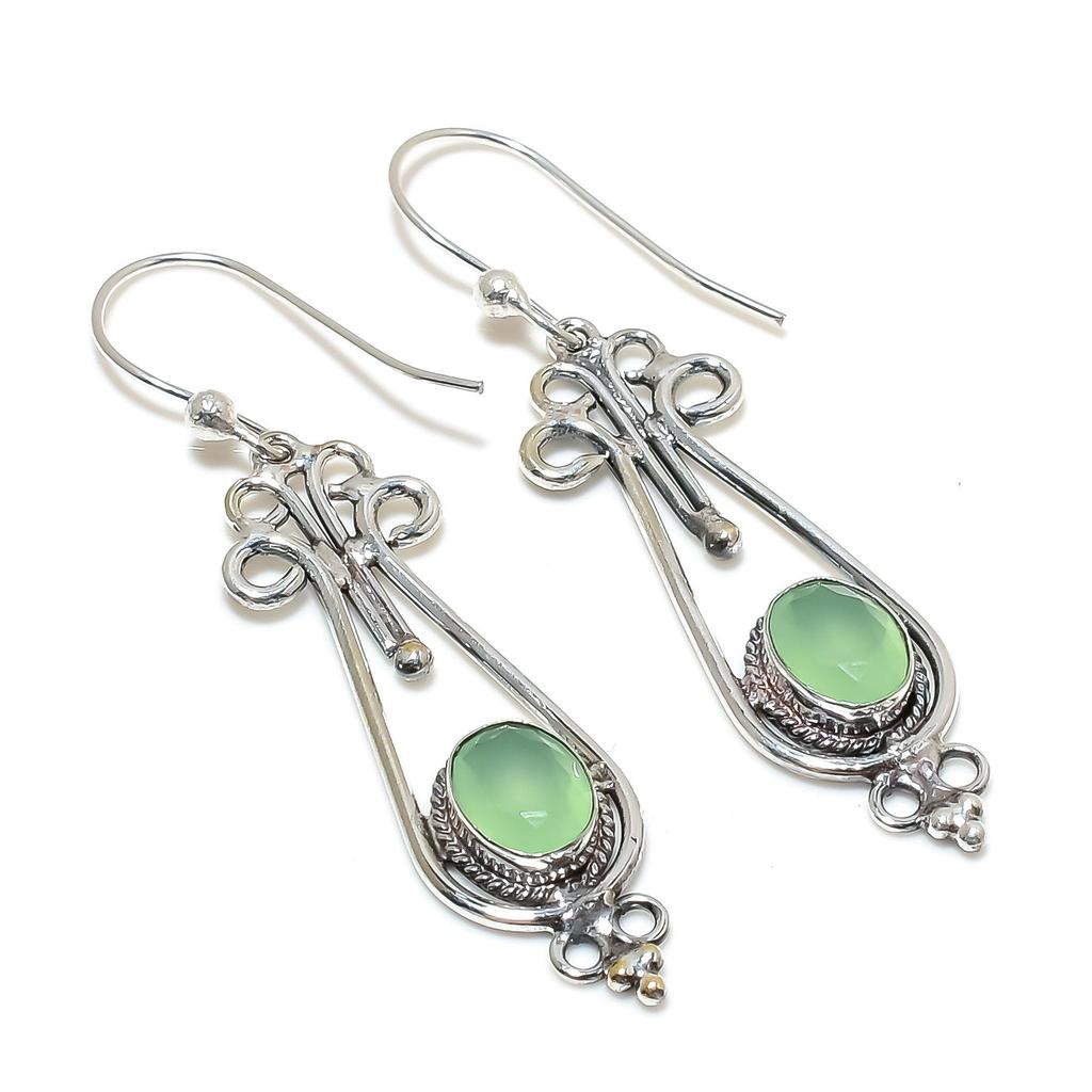 Ohrringe aus natürlichem grünem Chalcedon-Edelstein, 925er Sterlingsilber-Ohrring, handgefertigte Boho-Silberschmuck-Hängeohrringe, Geschenk für Mama
