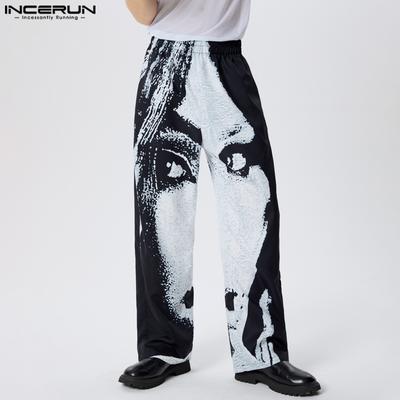 Men High Elastic Waist Print Long Trousers Casual Pants Streetwear