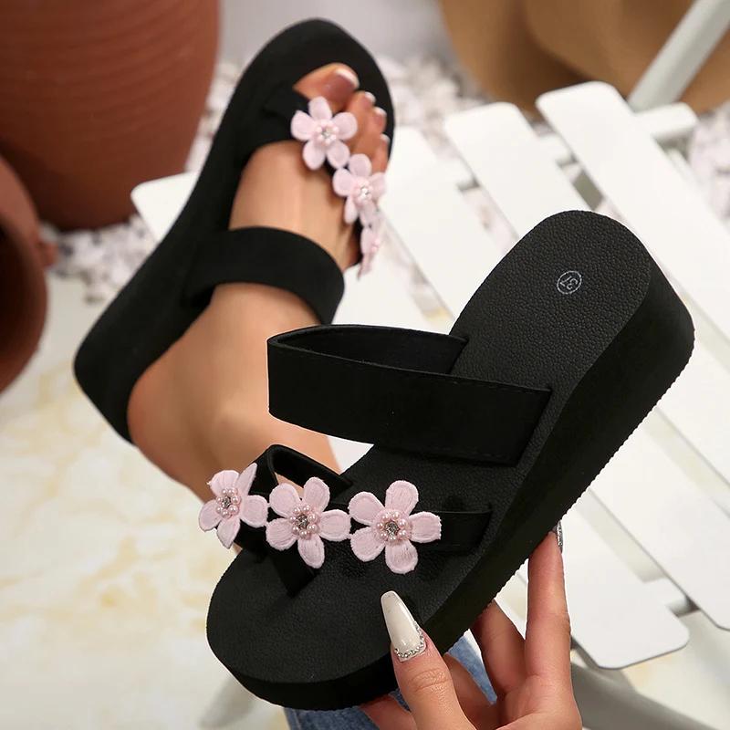 Fashion Simple Style Flower High Heel Slippers Women New Plus Size Thick Bottom Sandals Female Summer Beach Non Slip Wedge Slides Mujer