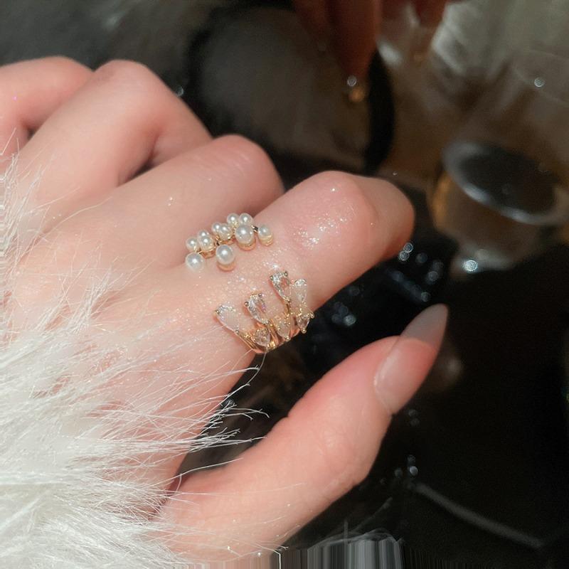 Cold wind zircon pearl opening ring Korean elegant temperament versatile index finger ring light luxury high-end jewelry women