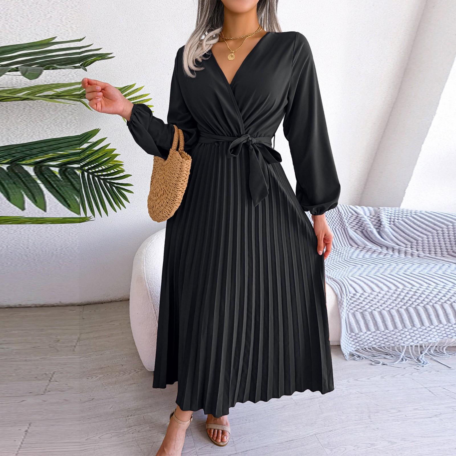 

Жіноча однотонна сукня максі з високою талією, довгим рукавом, поясом, V-подібним вирізом, великою спідницею, плісерована L чорний