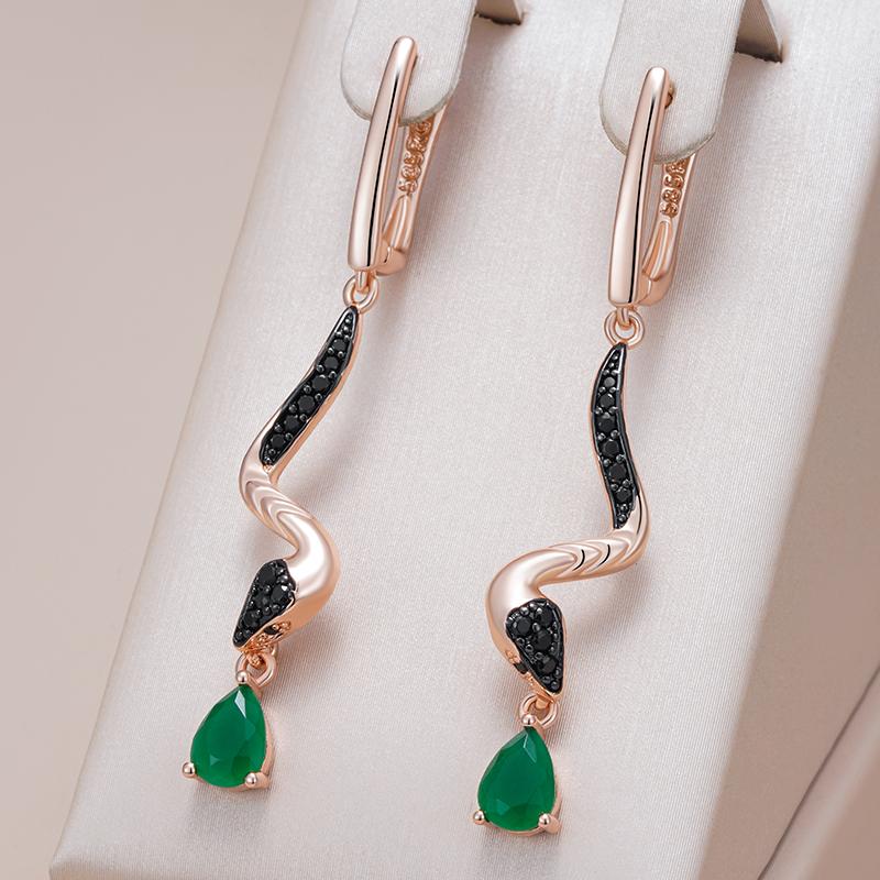 Green Natural Zircon Snake Drop Earrings For Women  Rose Gold And Black Plating Vintage Animal Daily Punk Jewelry