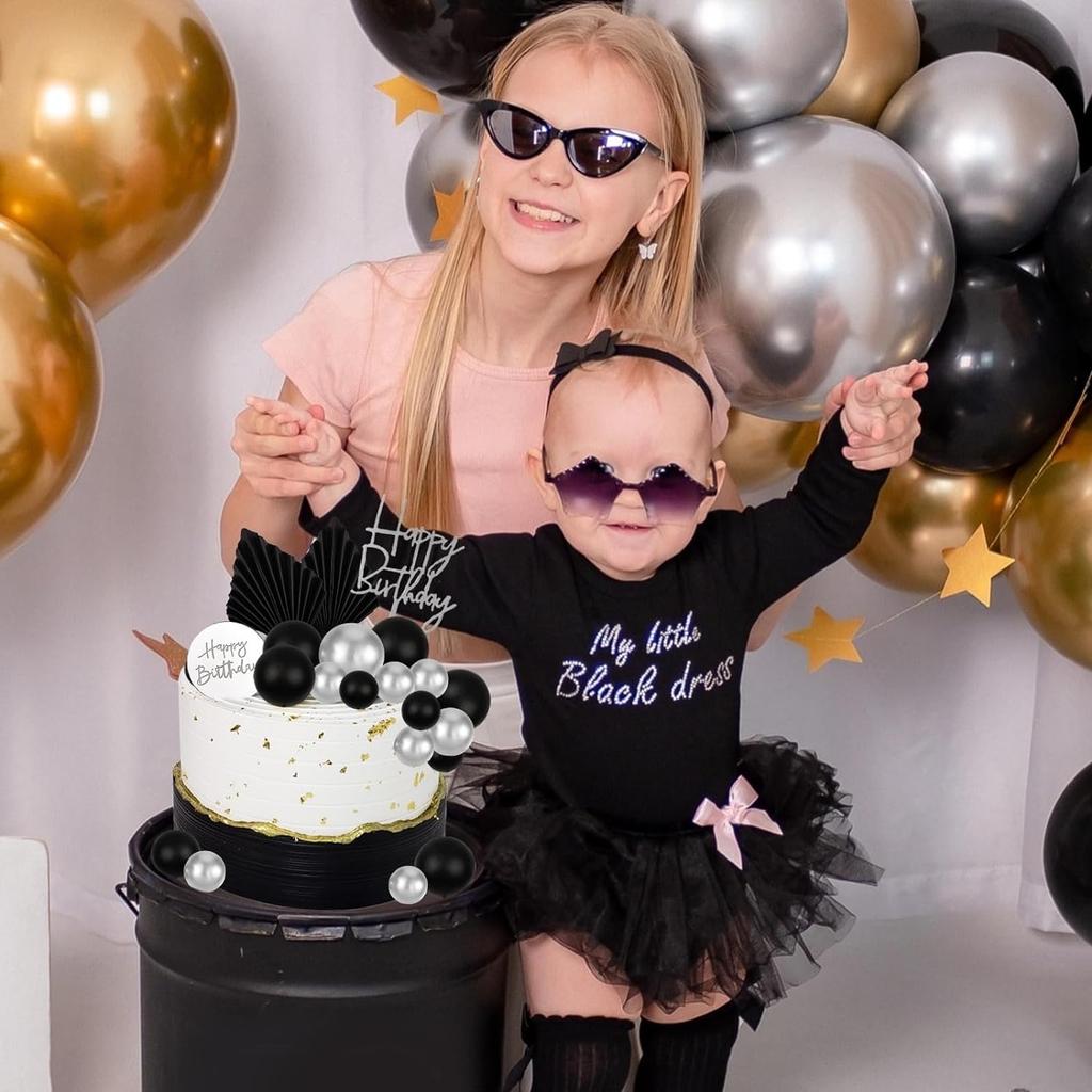 Black Silver Foam Balls Cake Decoration Silver Palm Leaves Cake Decoration for Birthday Wedding Baby Shower Bridal Shower