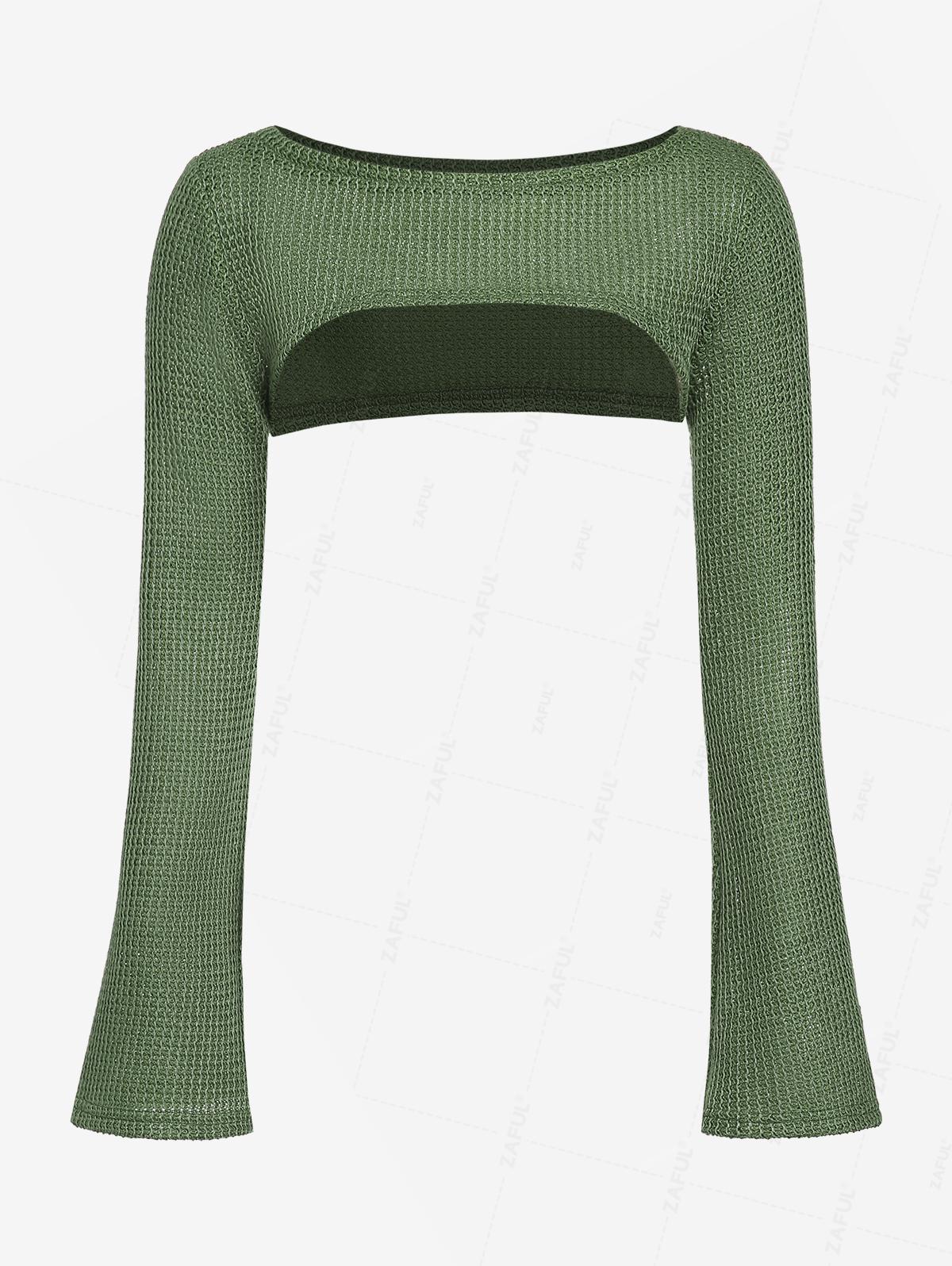 

ZAFUL Women s Daily Solid Color Semi-sheer Knit Openwork Flare Sleeve Crop Shrug Style Sweater
