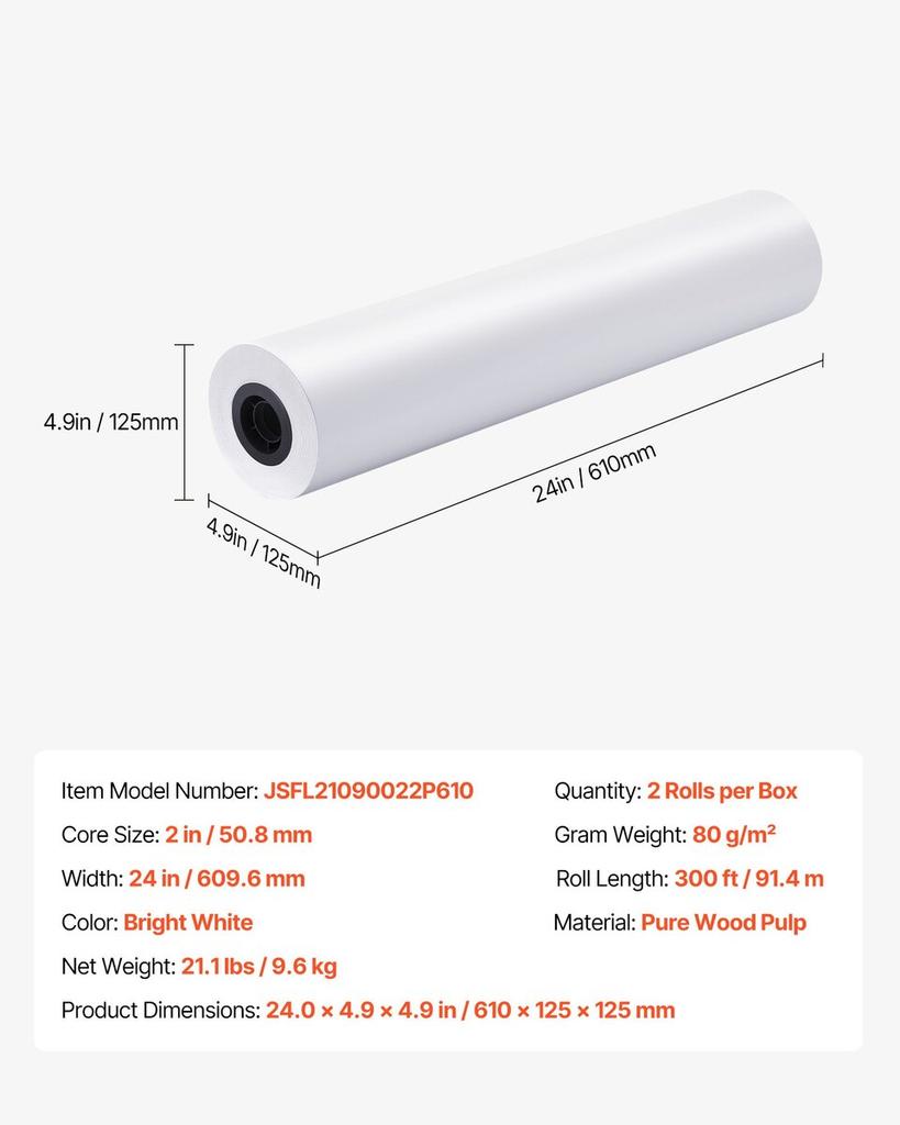 Wide Format Paper, 609.6 mm x 91.4 m Plotter Roll, 2 Rolls CAD Bond Rolls with 50.8 mm Core, 80 GSM Plotter Roll Rolls, for CAD Drawings, Engineering