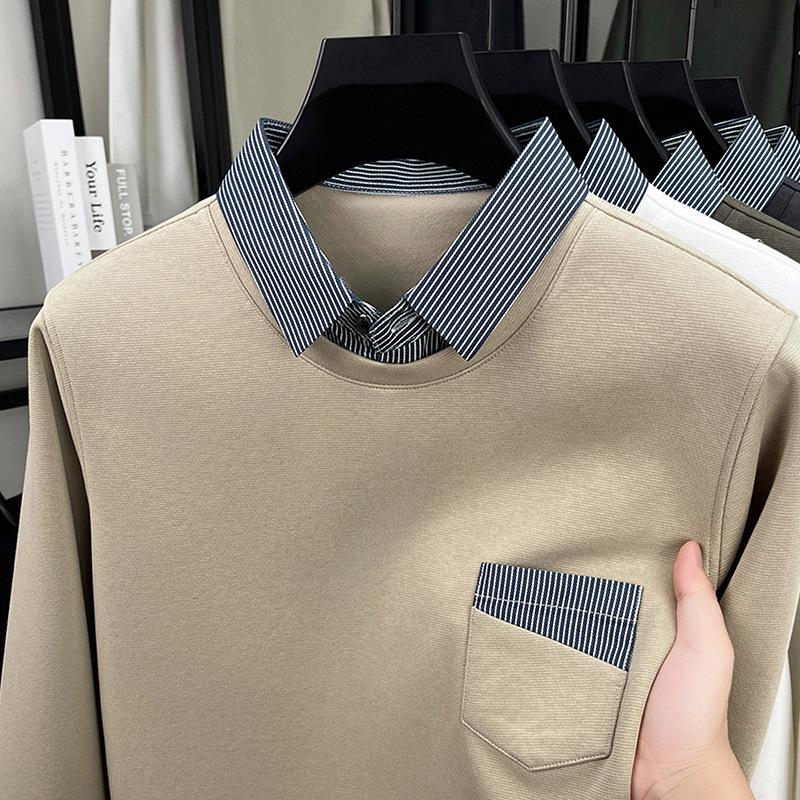 

Men s Fashionable High-End Cotton Sweater - Faux Two-Piece with Shirt Collar for Autumn/Winter L хакі