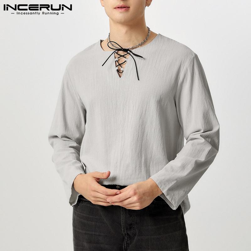 

INCERUN Vintage Men Long Sleeve Solid Color Lace Up Casual Shirt Tops S светло-серый