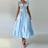 LYRIA Elegant Blue Striped Ruffled Button Long Dress Women Slim Square Neck Sleeveless Party Female Dresses Lady Robe