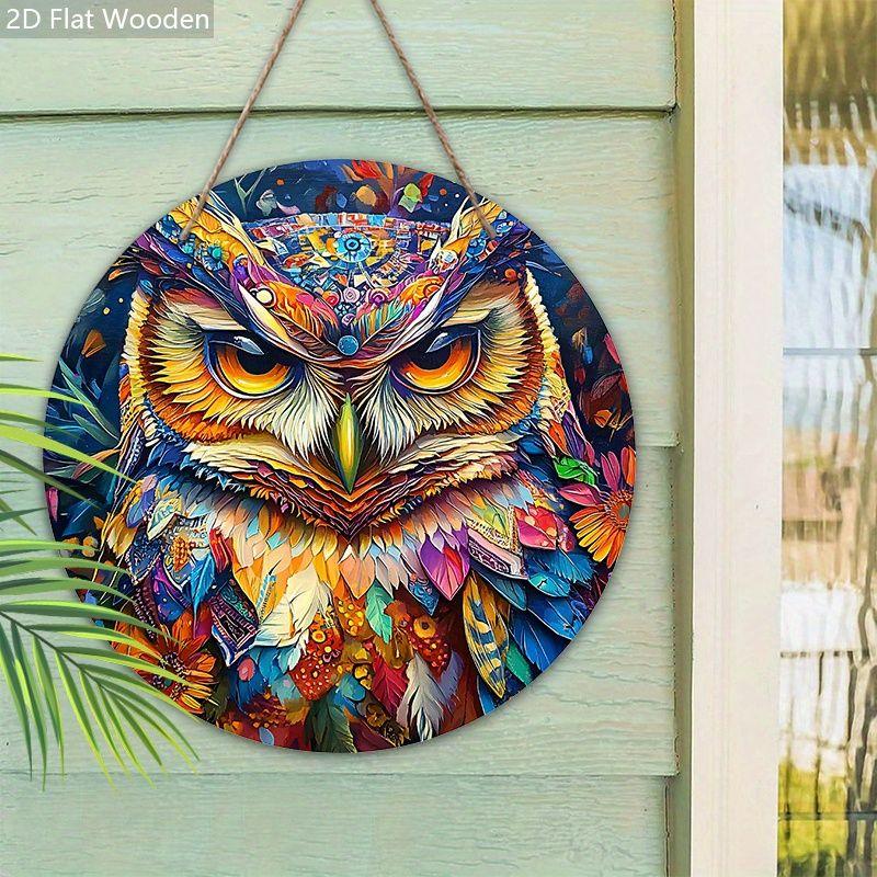 2D flat wooden hanging decorative signs, home wall or door decoration, garden decoration, the pattern is a colorful owl, housewarming gift for friends