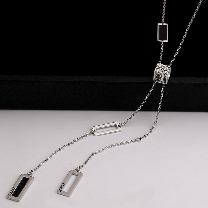 Long Chic Titanium Steel Chain Necklace For Women Featuring Dazzling Geometric Pendant And Stylish Design