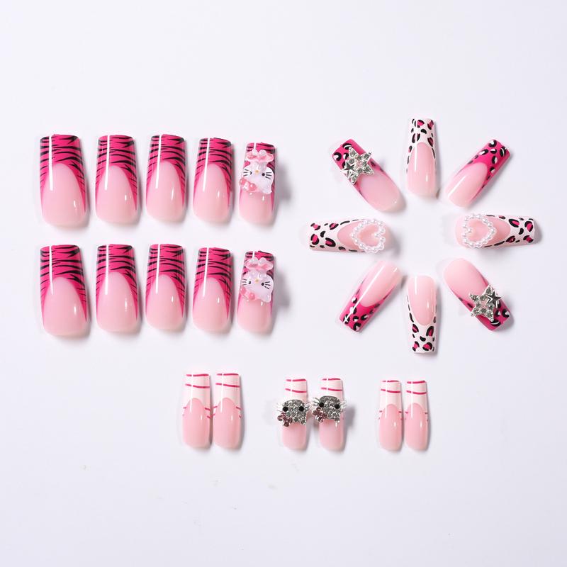 24Pcs Pink French Leopard Hello Kitty False Nails 3D Y2k Star Heart Kitty Cat Rhinestones Press On Nails Cute Cartoon Fake Nails