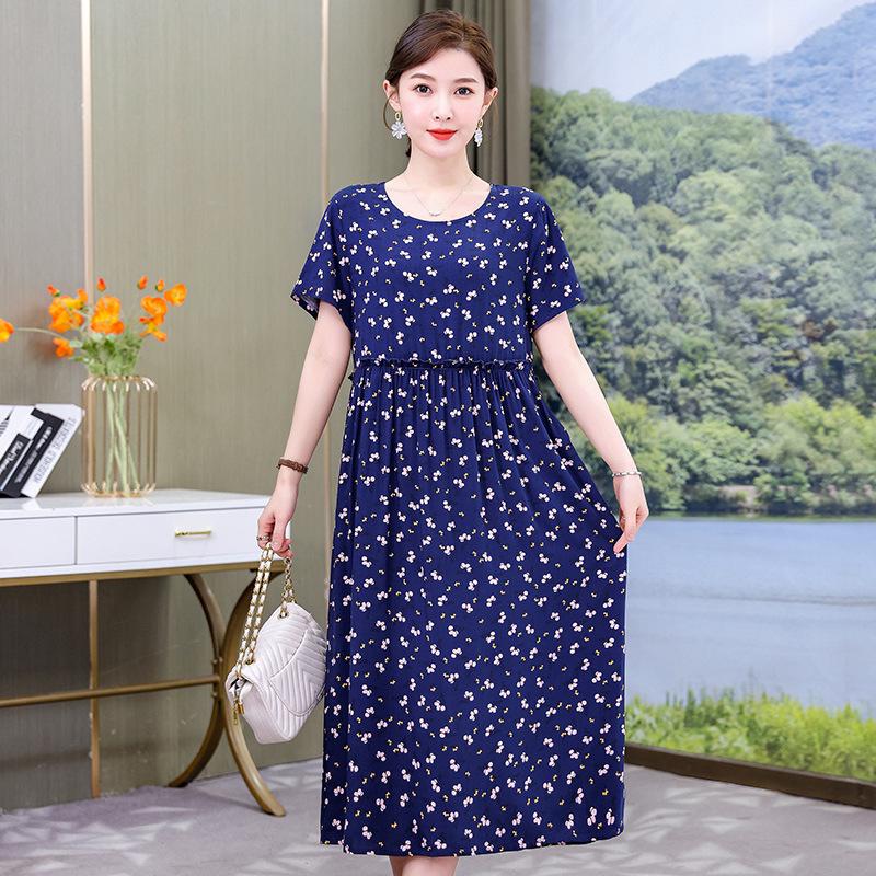Plus Size Floral Cotton-Silk Dress for Women - Summer Fashion, Elegant Long Swing Dress