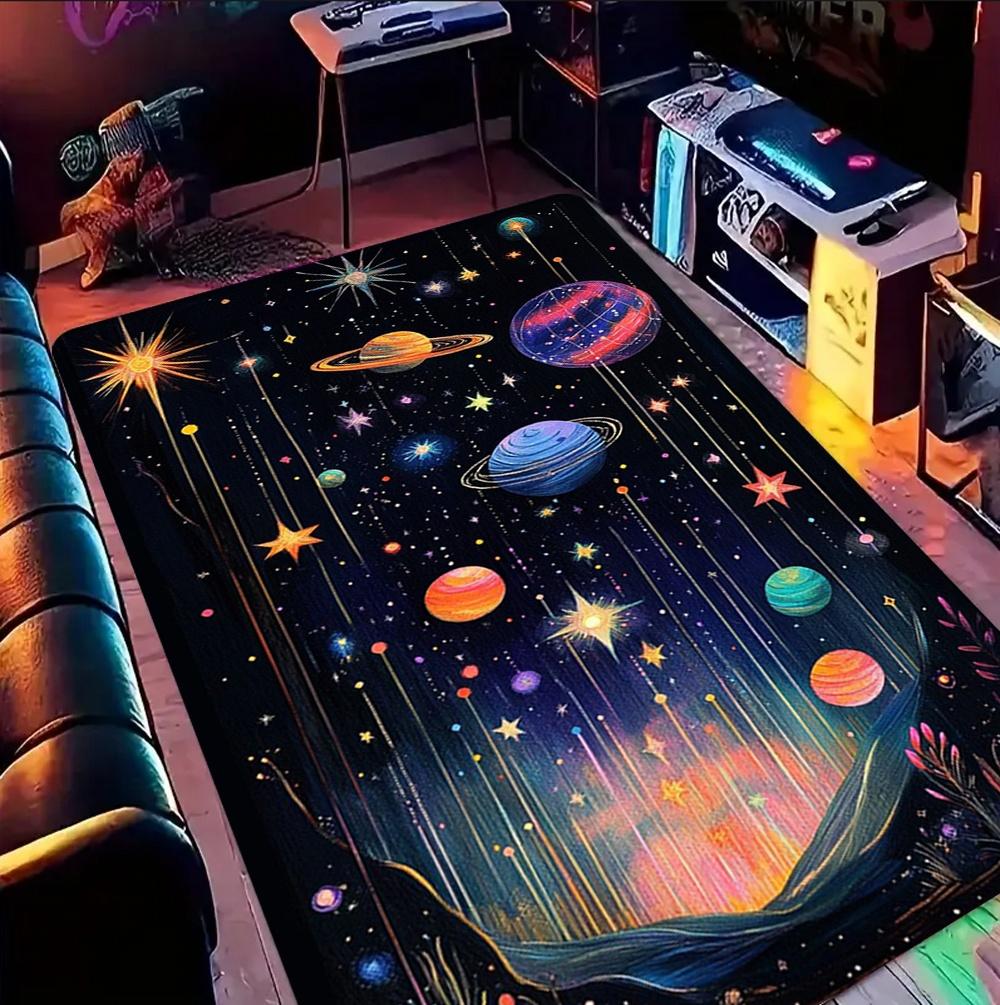 Neon Galaxy Planet Rug Solar System Floor Mat for Bedroom Living Room Anti-Slip UFO Space Carpet for Room Game Room Decor