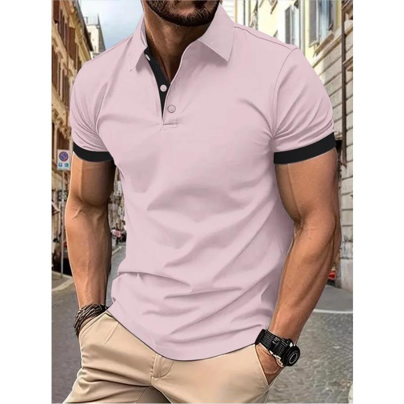 Men's Short Sleeve Color Matching Fashion with Men's Lapel Short Sleeve