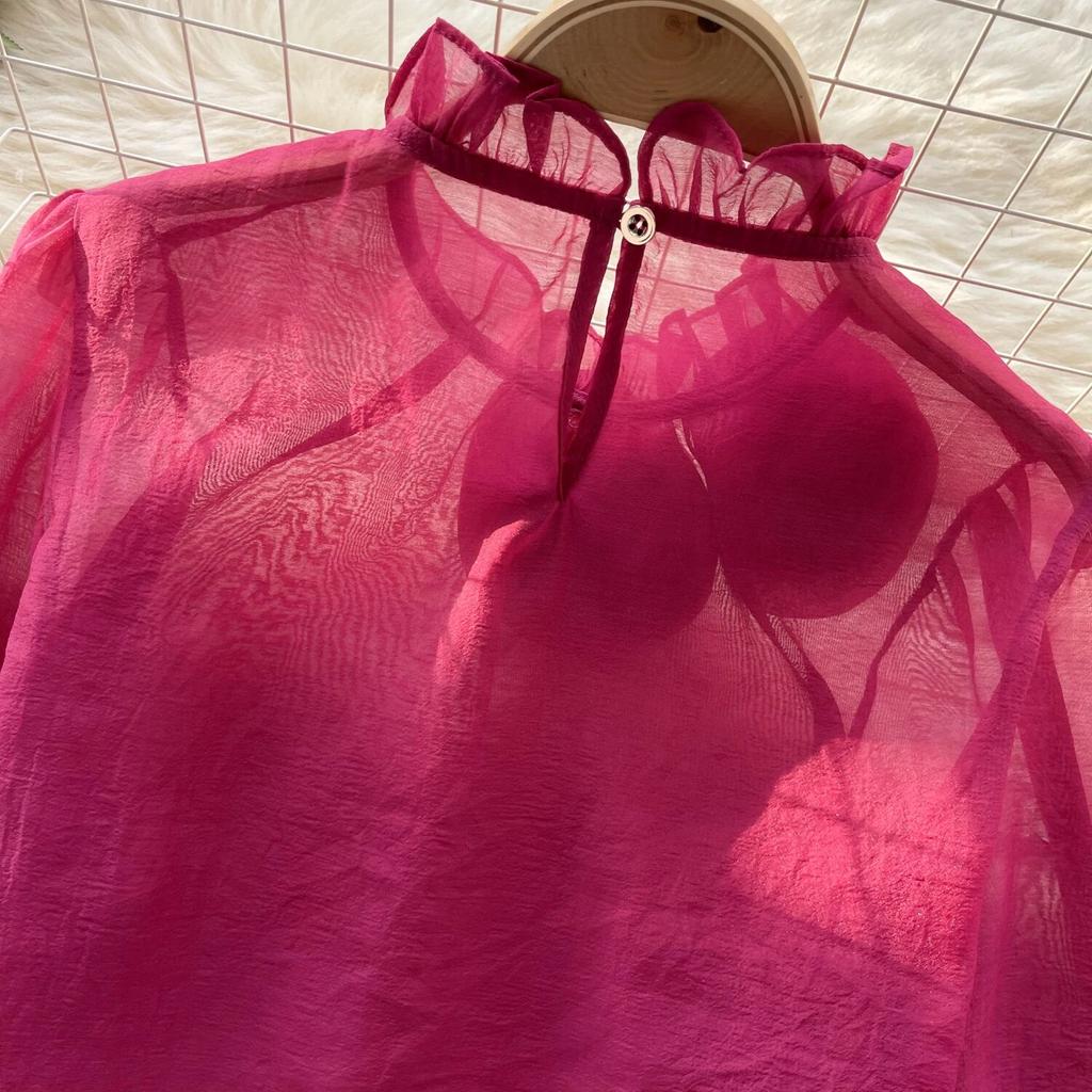 Ruffles Sweet Sheer Blouse O Neck Long Sleeves 3D Floral Loose Top Korean Style Streetwear Vintage OL Casual Shirt