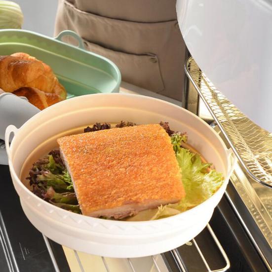 Round Silicone Fryer Liner Dual Handles Food Grade BPA Free Heat Resistant Dishwasher Safe Reusable Oven Baking Tray Basket Bowl Kitchen Supplies
