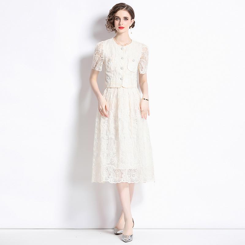 Koreanische Mode süße Spitze Set zweiteilige Rock Anzüge Spitze Stickerei Blume Kurzarm Shirt Tops Midi Rock Damen Outfits