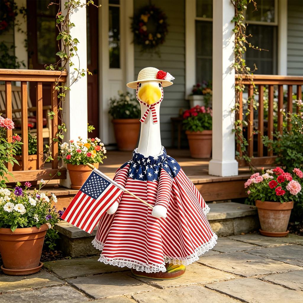 Outdoor Goose Statue with Dress and Hat Porch Decoration Lawn Ornament Patriotic Garden Figurine for Yard Display and Seasonal Use