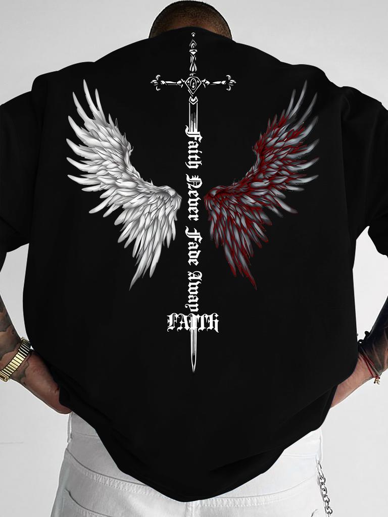 Divine Sword Wing Element Print Design Summer 100 Cotton Mens TShirt Street Fashion Trend Mens Short Sleeve Shirt