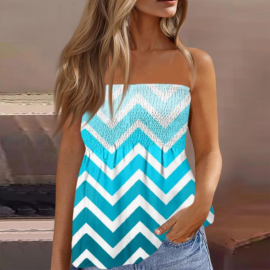 2024 Tube Tops For Women,Cute Sexy Off Shoulder Striped Print Sleeveless T-Shirt