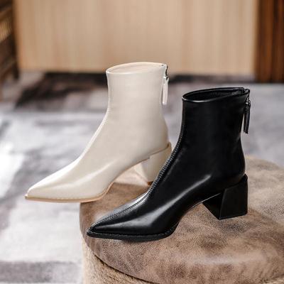 Short Boots Women's Thin High Heels New Women's Boots Medium Tube Pointed Fashion Boots Thick Heel Single Boots