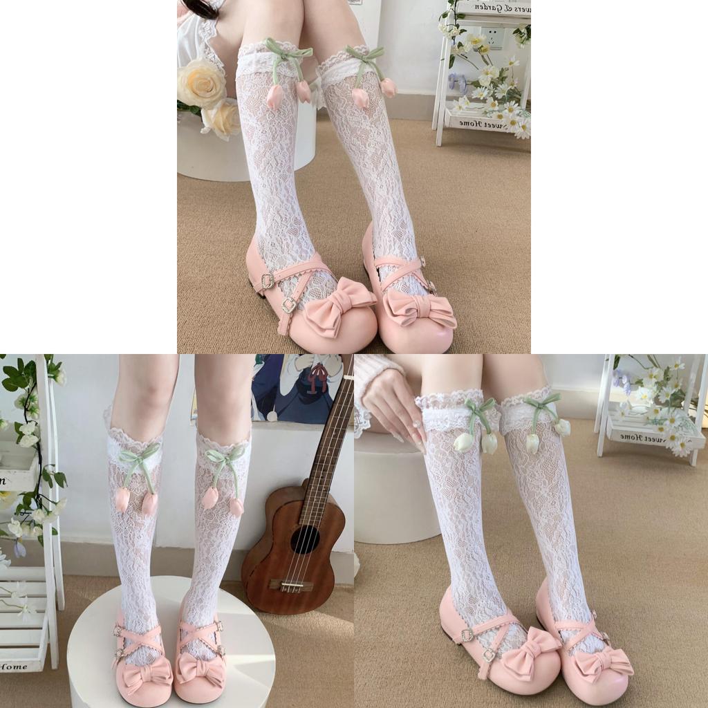Lolita Sweet Spring Summer Knee High Socks With Lace Border And Bow For Girls