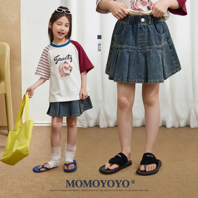 Girls Pleated Denim Skirt with Safety Shorts 140 джинсовый синий