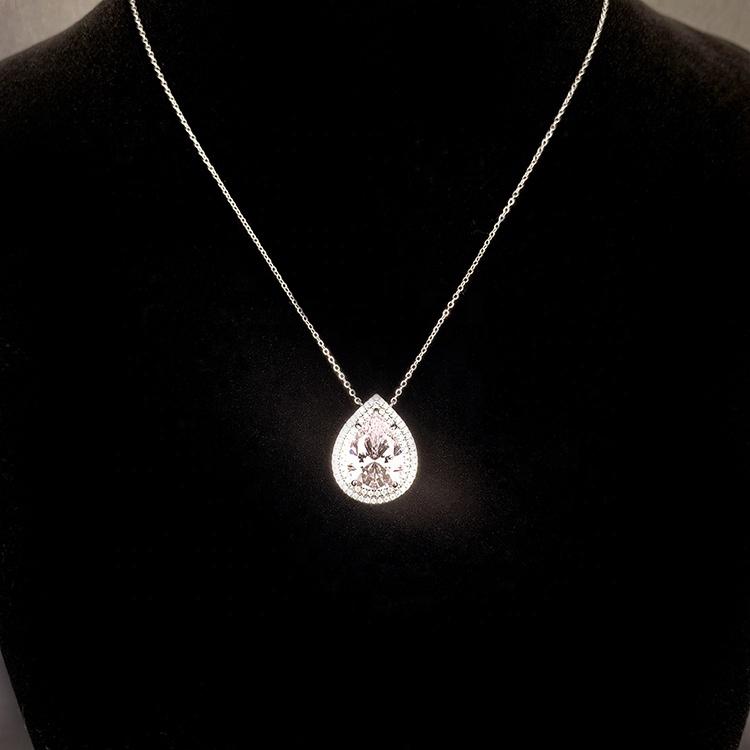 Fine Jewelry Rhodium Plated Elegant Aura 925 Sterling Silver Pear Teardrop Water Drop Pink 5A Zircon Pendant Necklace for Women