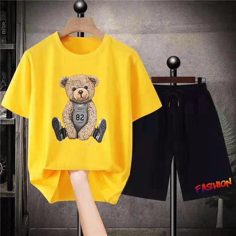 Korean Brand Bear Print T-shirt Men's Cotton Short-sleeved Oversized T-shirt Hip-hop Retro Suit Unisex Free Shipping