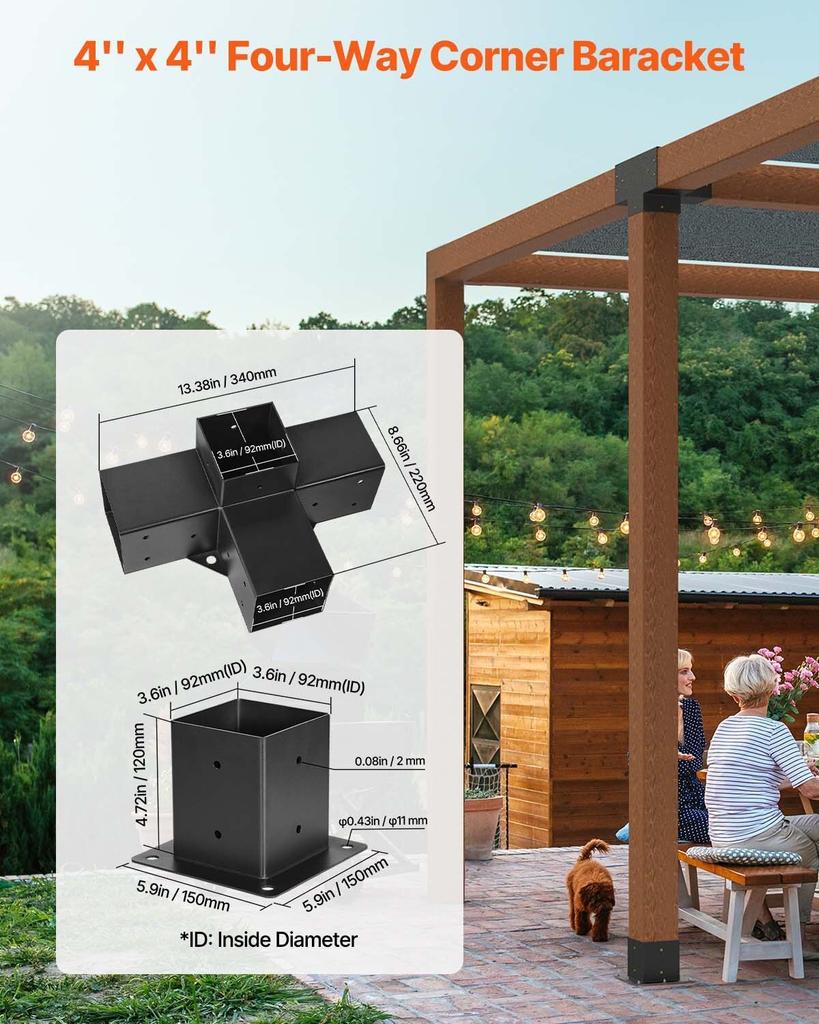 Pergola Bracket Kit, 4x4 Inch (Inner Size 92 X 92 Mm), 2 Pcs 4-Way Heavy Duty Corner Bracket Woodworks DIY Post Base Kit, Easy Installation Wooden
