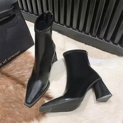 Puntige Neus Hoge Hakken Enkellaarsjes Damesschoenen Nieuw Merk Winter Leer Chunky Sneeuwlaarzen Trend Jurk Pumps Botas Mujer