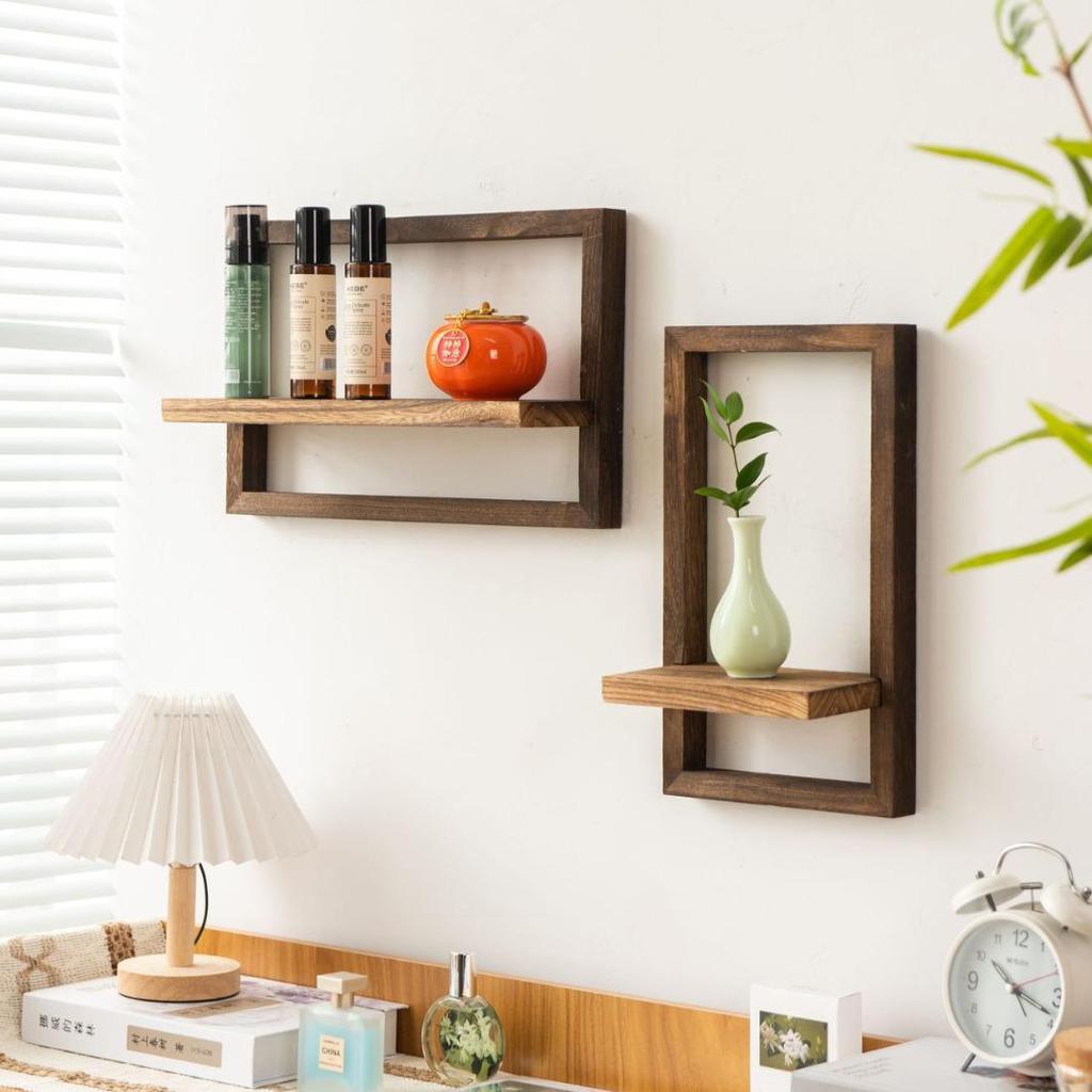 Square Solid Wood Floating Wall Shelf for Living Room - Creative Wooden Photo Frame & Ornament Display