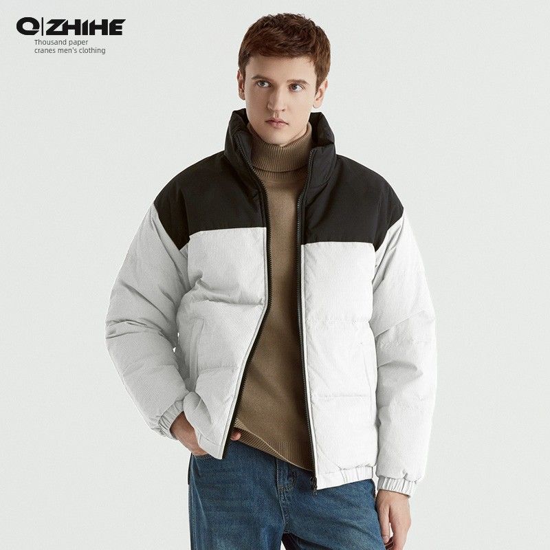 

[down Jacket] Thousand Paper Cranes Men s Clothing 2025 Autumn/Winter New Color-Block Short down Jacket Men s Warm Stand Collar Coat 02D White M