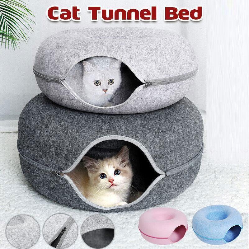Bed Tunnel Cat Felt Pet Puppy Nest Cave House Round Donut Interactive Toy Play
